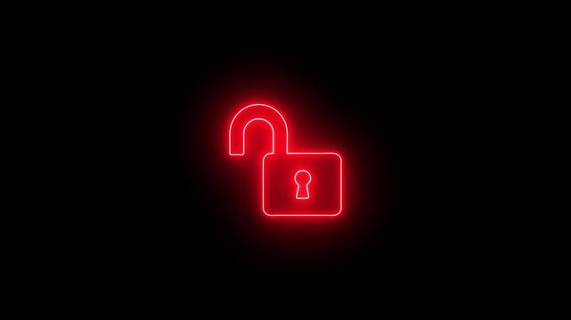 glowing cyan neon open padlock icon flickering on a black background loop animation for cyber security breach data vulnerability unlocked access and technology interface motion graphics.