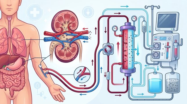 Diagram illustrating the process of hemodialysis and kidney function in the human body
