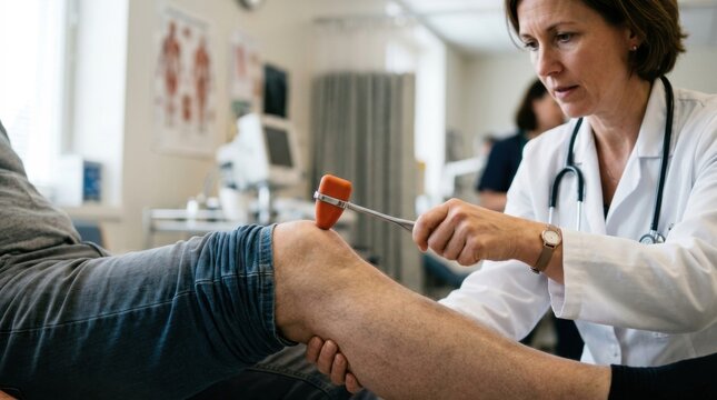 Doctor performing reflex test on patient's knee with a reflex hammer in a medical office