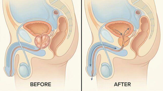 Illustration comparing male urinary tract before and after prostate treatment