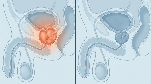 Comparison of healthy and inflamed prostate gland in male reproductive system anatomy
