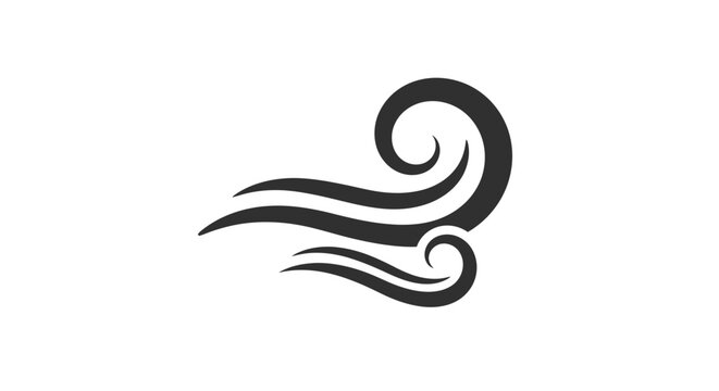 A simple black and white graphic illustration of a stylized gust of wind