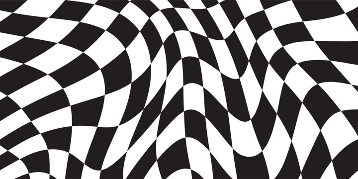 Psychedelic checkerboard pattern with wavy black white checks and 90s retro distortion. Abstract geometric warp effects for trippy Y2K textiles or surreal illusions. Seamless vector tiles optical.