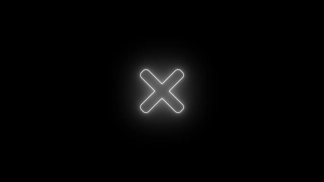 The bright white neon cross symbol on a black background is used to indicate incorrect answers, error display, delete, cancel, close, and incorrect answers.