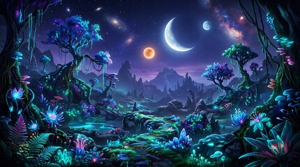 Fototapeta premium Enchanting Alien Forest Landscape Under a Crescent Moon and Stars.