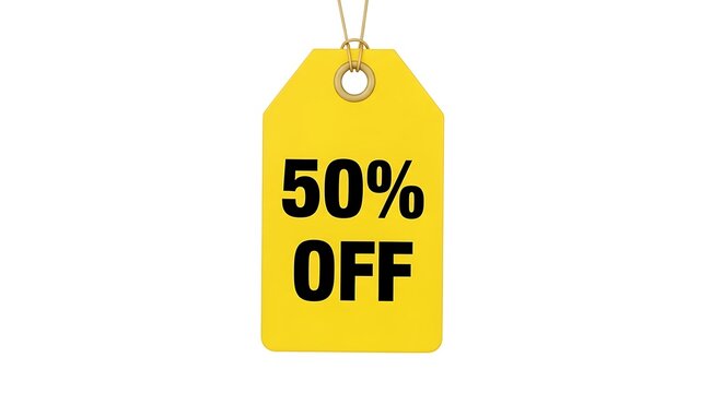 Bright yellow sale tag showing fifty percent off discount prominently