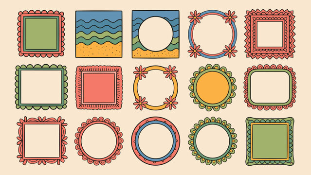 Collection of hand drawn decorative frames and borders in various shapes and colors