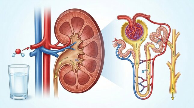 Diagram illustrating kidney function and water balance in the human body
