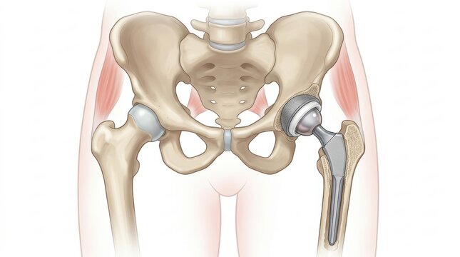 Anatomical illustration of a healthy hip joint and a prosthetic hip replacement