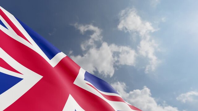 Passenger Airplane Flying Over United Kingdom Flag Waving Against Blue Sky and Clouds Background