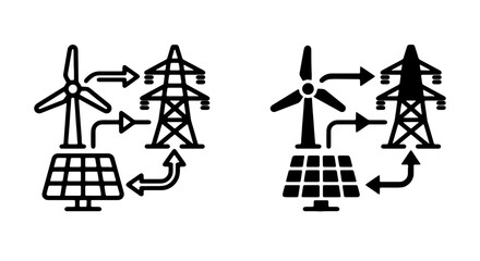 Fototapeta premium Renewable Energy Flow Icons: Solar, Wind Power to Grid Transmission, Clean Energy Systems