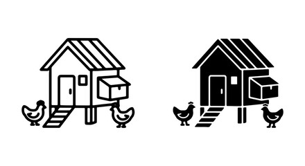 Chicken Coop Icons, Farmhouse Building Vector Art, Rural Poultry House Graphics, Simple Outline and Silhouette © LANA