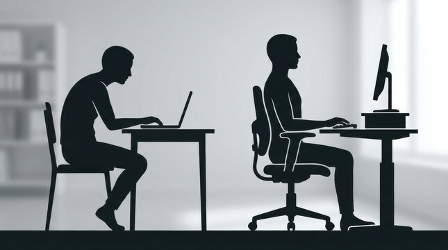 Comparing good and bad posture while working at a desk with a computer