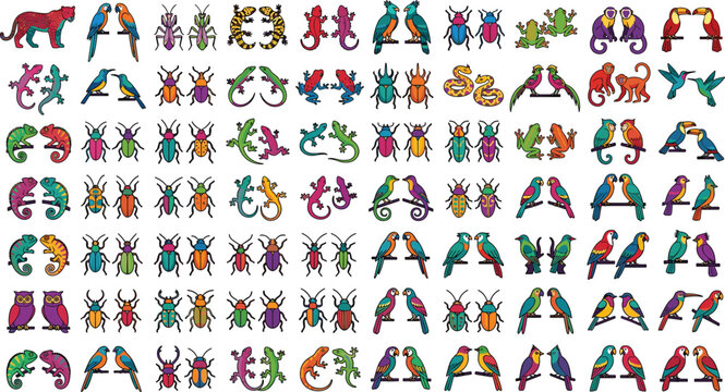 Vector cartoon mega icon set of cute colorful jungle animals tropical birds reptiles and insects facing each other isolated on white background
