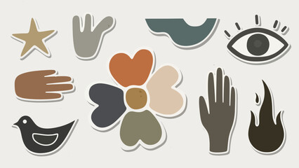 Fototapeta premium Abstract Shapes and Icons: Star, Hand, Flower, Eye, Bird, Flame, Organic Forms