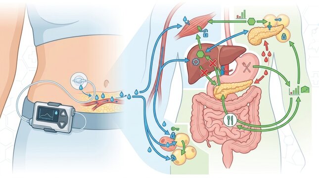 Insulin pump therapy and metabolic regulation diagram for diabetes management