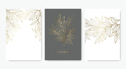 Set of elegant wedding invitation templates with golden leaves, botanical line art, minimalist floral design for greeting cards, save the date, and luxury stationery © Saharia