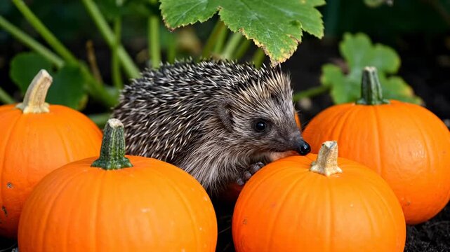 A small hedgehog rests amidst bright orange pumpkins, surrounded by lush green foliage