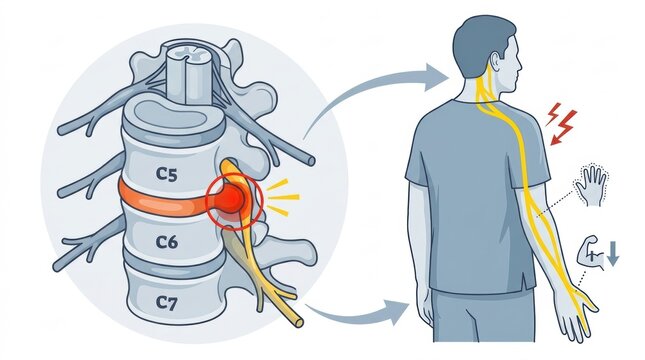 Cervical spine nerve compression causing arm pain and weakness illustration