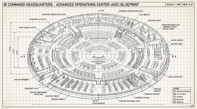 Advanced operations center command headquarters blueprint with circular layout and labeled functional zones