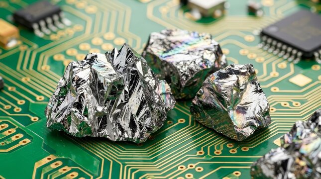 Rare earth element minerals like gadolinium and europium on a green printed circuit board