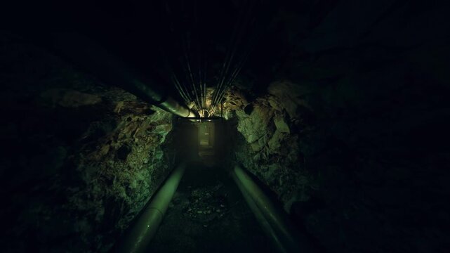 long drainage tunnel with flowing water and puddles, concrete channel with twin pipes, green algae and moss on walls, reflective wet floor and muffled echoes