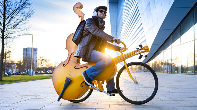 Man wearing sunglasses and headphones rides a bicycle with a large yellow double bass attached, urban setting with modern architecture and trees in the background
