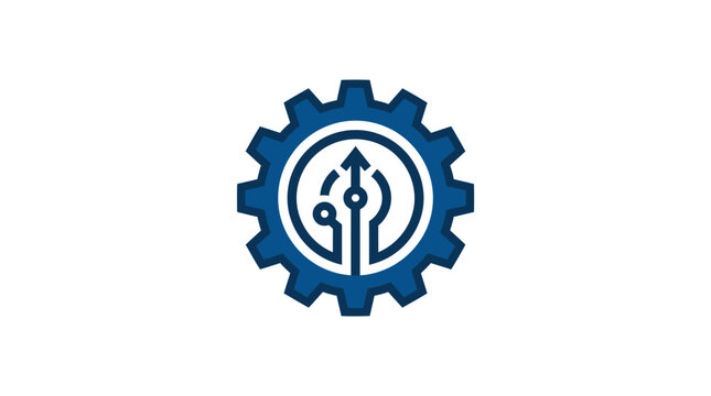 A blue gear icon representing industrial technology and mechanical engineering concepts