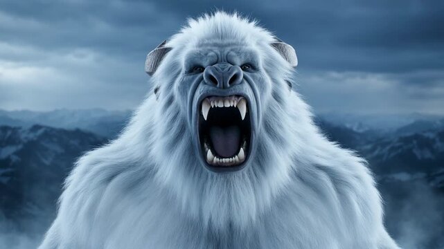 A fierce Yeti beast roaring on a snowy mountain peak during a thunderstorm