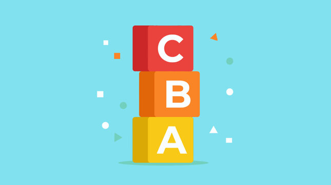 A stack of colorful toy blocks with letters on a blue background