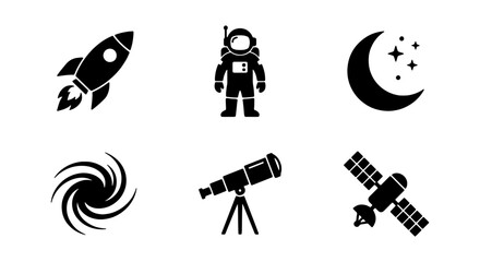 Space Icons: Rocket, Astronaut, Moon, Galaxy, Telescope, Satellite Vector Set © MARIYA