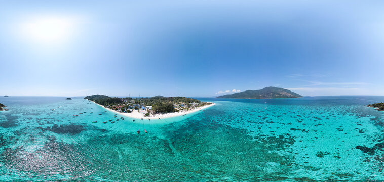 Panorami Drone View of Koh Lipe Island Beach with Turquoise Water and Longtail Boats, Thailand