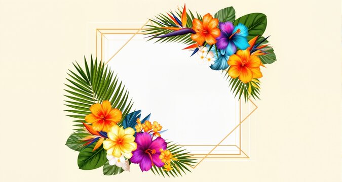 Geometric square summer frame with exotic flowers and palm leaf. Vector illustration for summer and holiday design
