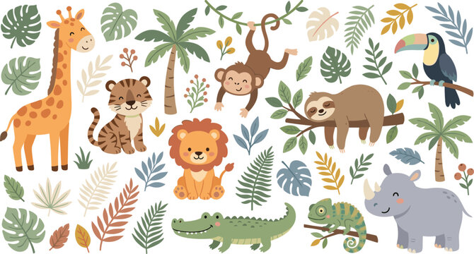 Cute Safari Jungle Animal Collection with Giraffe Lion Monkey Sloth Toucan Crocodile and Tropical Leaves Cartoon Elements