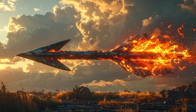 Burning metallic arrow streaks across a dramatic sunset sky