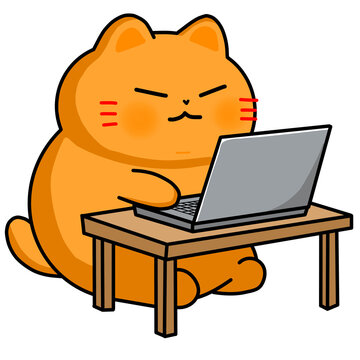 A cute orange cat working on a laptop at a wooden desk illustration, developer, remote employee, work from home