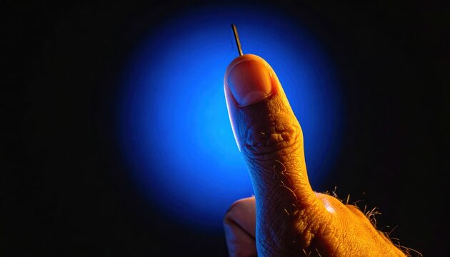 A human finger holds a tiny, thin black object with a glowing blue background