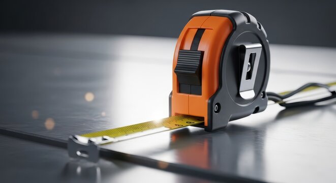 Close-up macro shot of a retractable tape measure tool with a yellow metal tape extended on a reflective surface
