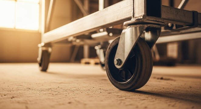 Close-up macro shot of a metallic scaffolding wheel on a textured industrial floor, showcasing construction equipment detail