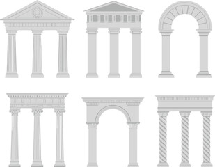 Fototapeta premium Classical architectural columns and arches set, ancient Greek Roman stone facade elements collection