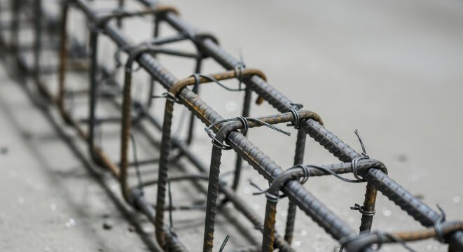 Close-up macro shot of steel rebar reinforcement grid for concrete construction