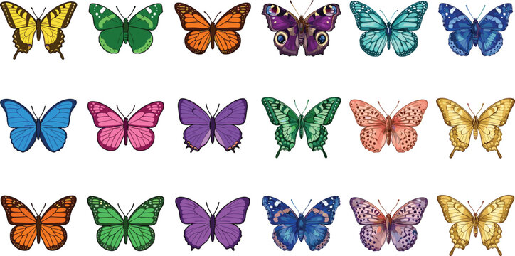 Beautiful set of colorful butterflies featuring intricate wing designs of monarchs swallowtails and morpho insects isolated on white