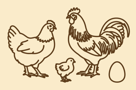 Hand drawn of a rooster hen chick and egg on a beige background chicken