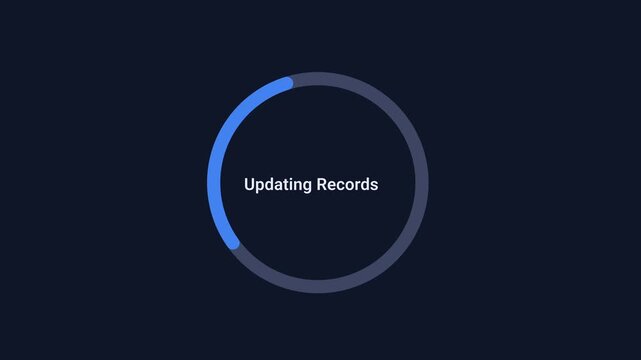 Animated record update indicator with smooth circular motion on a dark background. Ideal for database updates, data management workflows, synchronization processes, and technology interfaces.