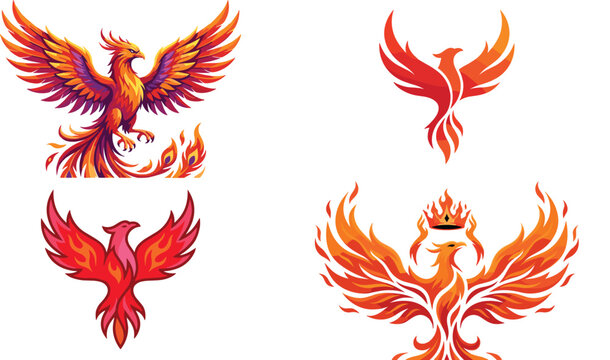 Mythical phoenix and firebird logo collection featuring colorful flame wings dynamic bird silhouettes and corporate rebirth emblems