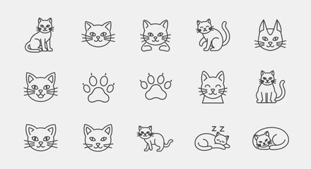 Cute Cat Icons Set: Line Art, Paw Prints, Sleeping Felines, Different Poses © Raffi