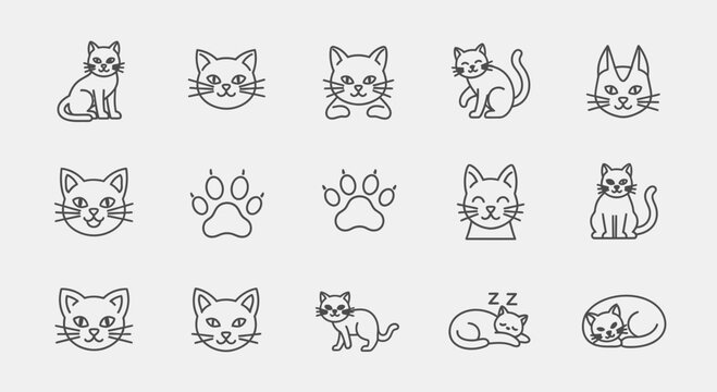 Cute Cat Icons Set: Line Art, Paw Prints, Sleeping Felines, Different Poses