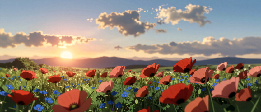Mohnblumenwiese als stilisierte Anime Landschaft
