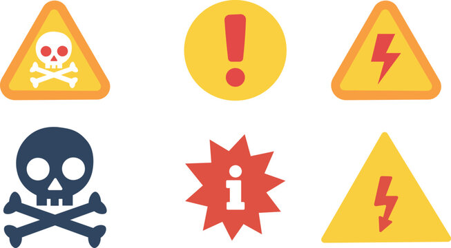 Warning sign icon set, skull danger hazard lightning bolt alert caution symbol vector illustration flat