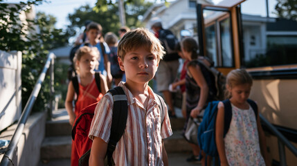 Obraz premium Children carrying heavy backpacks up steep school bus steps in August heat, last summer afternoon light casting long shadows, mix of anxious and resigned expressions across faces of returning studen
